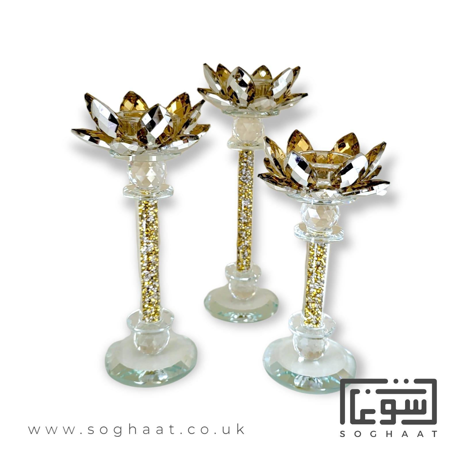 Golden Crystal Lotus And Diamante Candle Holder (Set Of 3), In A Golden Crystal Lotus Flower Design On A Diamante-Filled Stem.
