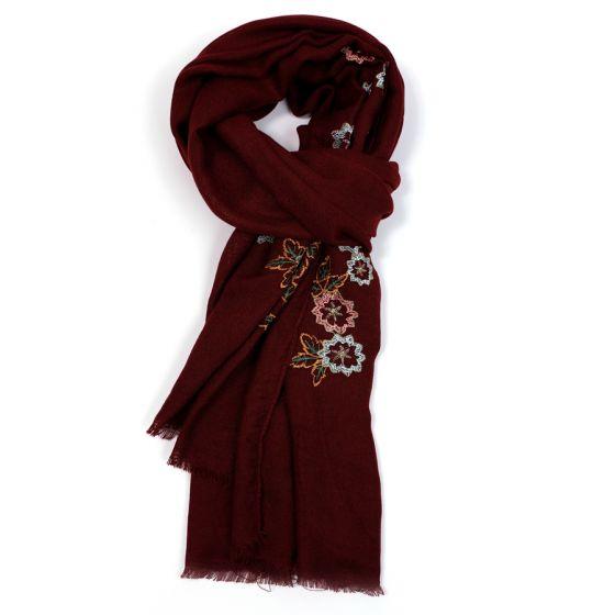 Burgundy Blossom Embroidery Scarf